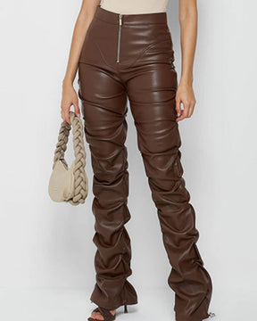 PU Leather Personalized Pleated Flared Pants