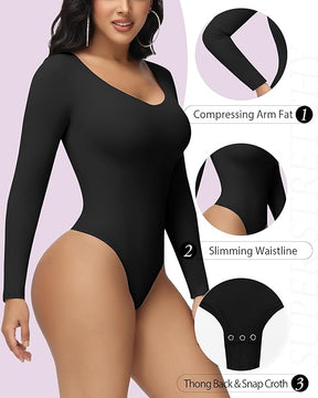 Women's Long Sleeve V Neck Seamless Bodysuits Tummy Control Thong Shapewear