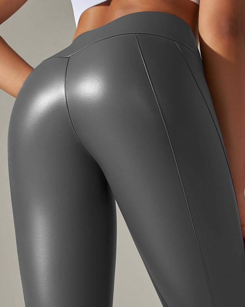 Spliced PU Leather Pants Stretch Tight High Waist Pants