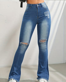 Street-rocking Contrasting Color Ripped High-Waisted Slim-fitting Raw-edge Flared Jeans