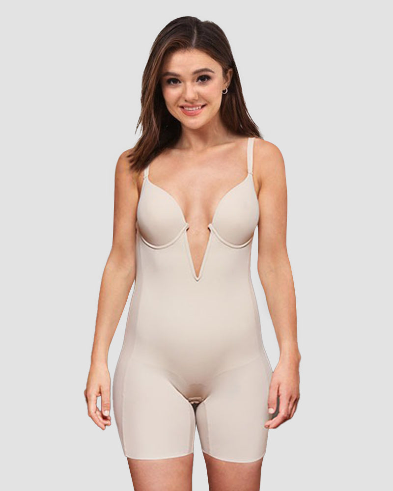 Women's Deep V Neck Tummy Control Low Back Mid-Thigh Shapewear Bodysuit (Pre-sale)