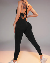 Women's Solid Color Back Cross Adjustable Shoulder Strap Fitness Jumpsuit