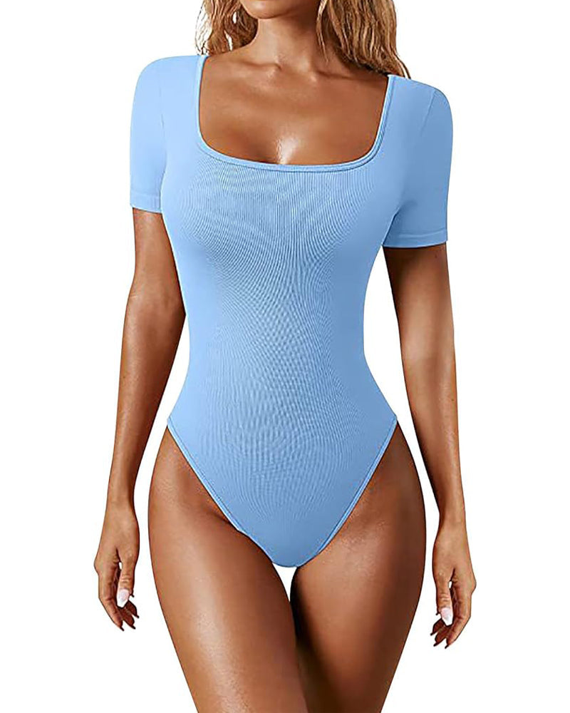 Women's Square Neck Sexy Ribbed Short Sleeve Thong Tummy Control Bodysuits