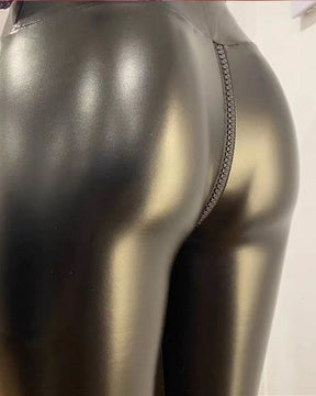 Sexy PU Leather Crotch Zipper Leather Pants for Curvy Women