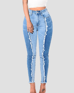 Fashion Tassel Slim Fit Patchwork Gradient Jeans Slim Hip Lift