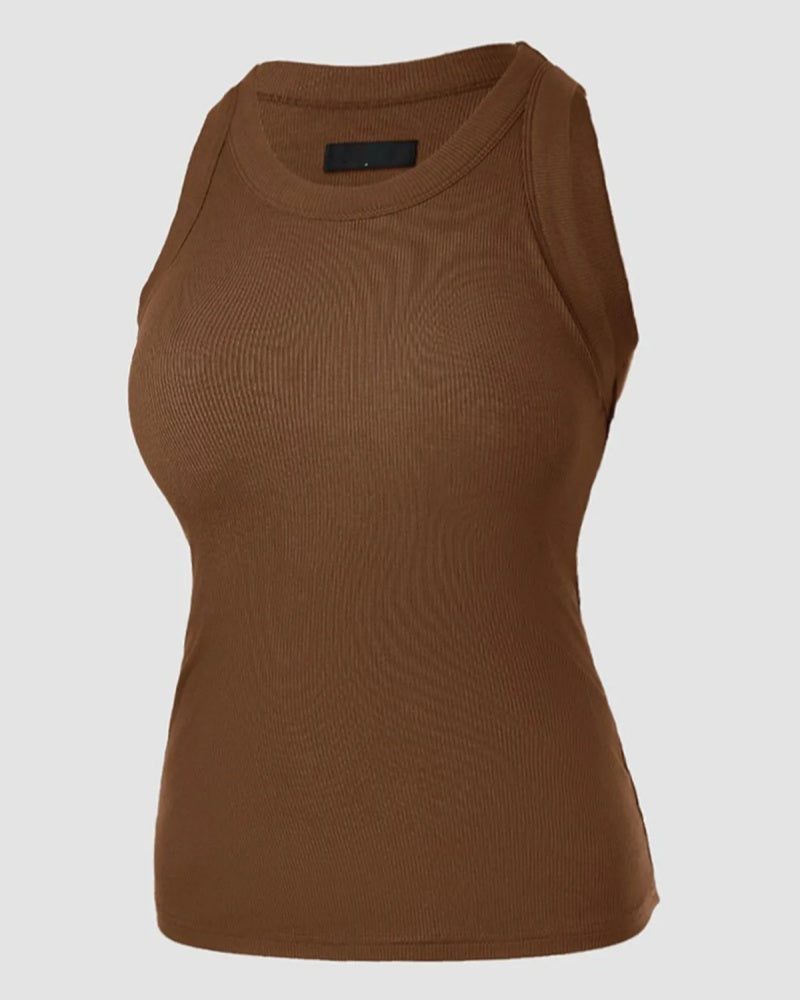 Round Neck Ribbed Tank Top Built In with Bra Padded