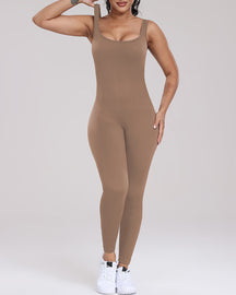 Ribbed Scoop Neck Sleevesless Bodysuit Bodycon Rompers High Elastic Jumpsuits