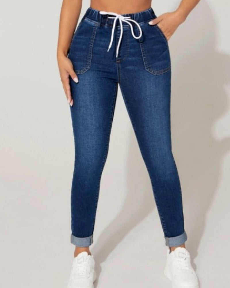 High Waist Drawstring Elastic Waist High Stretch Skinny Jeans