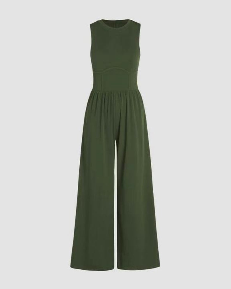 Round Neck Vest High Waist Jumpsuit Wide Leg Pants