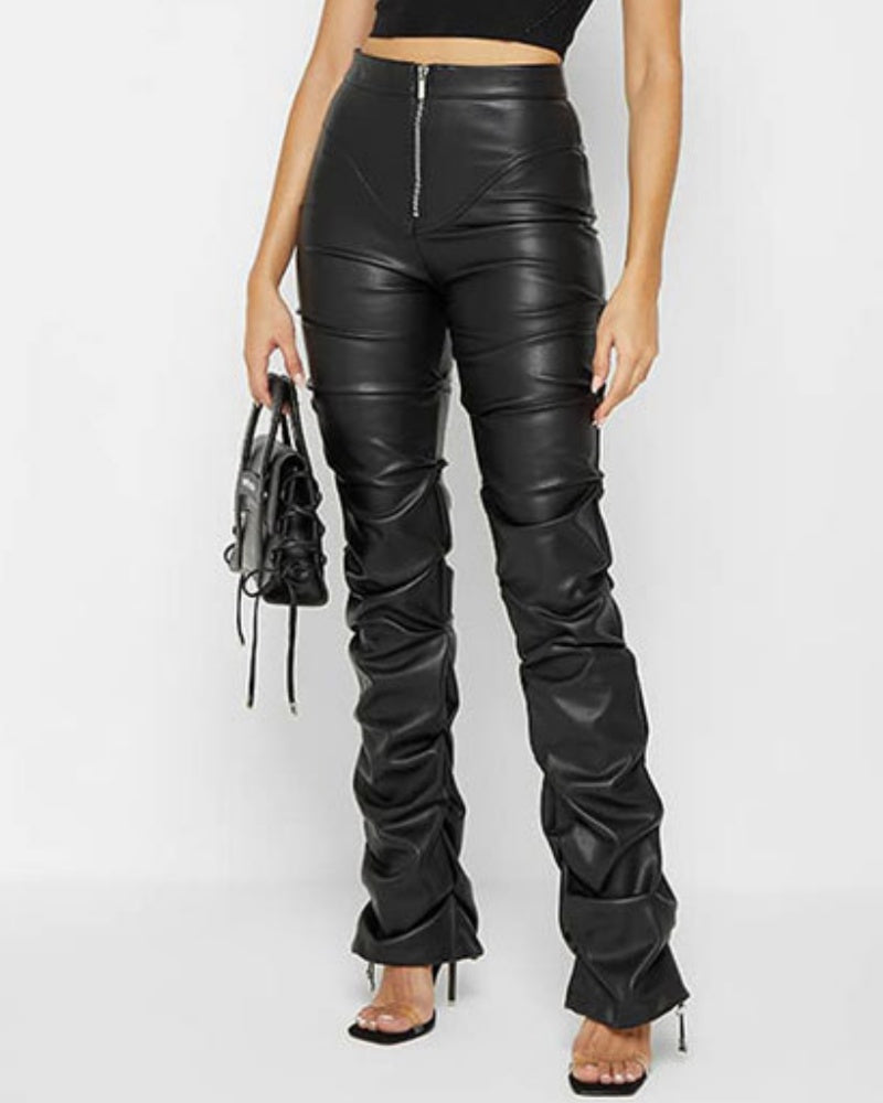 PU Leather Personalized Pleated Flared Pants