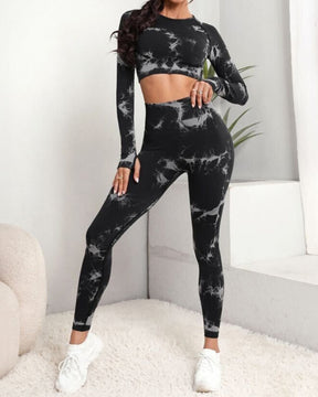 Seamless Tie-Dye Long Sleeve High Waist Tummy Control Bodycon Yoga Suit