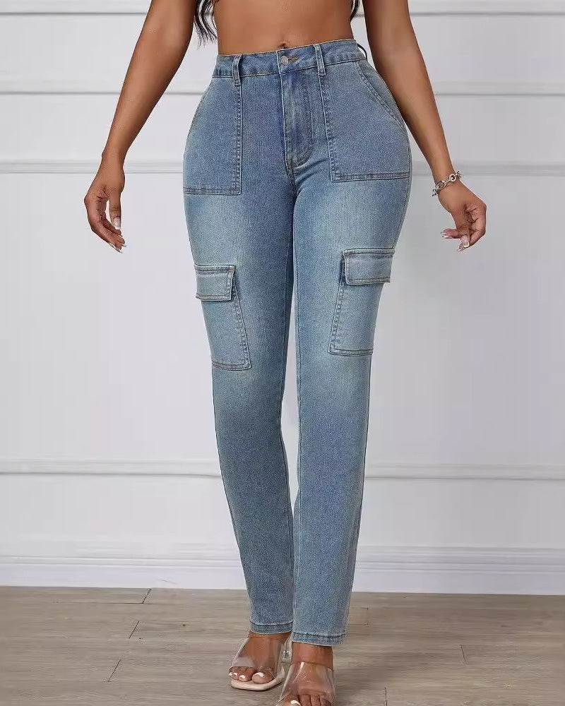 Multi-pocket High-stretch Straight-leg Skinny Jeans