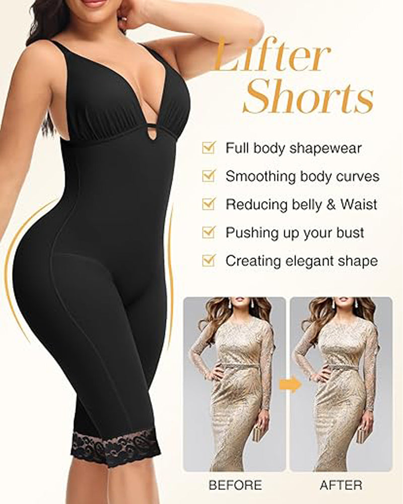 U Plunge Tummy Control Mid Thigh Bodysuit Seamless Full Body Fajas Shapewear