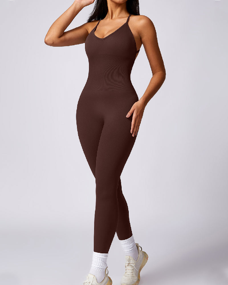 Women's Seamless Workout Backless Criss-Cross Opaque Sleeveless Jumpsuits