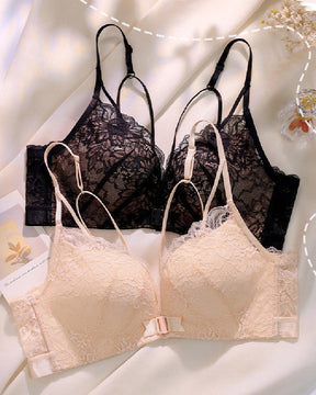 Women's Sexy Lace Front Buckle Closure Bra Deep V Push Up Wireless Breathable Brasieres