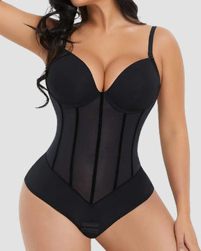 Women's Tummy Control Thong Sheer Mesh Corset Top Backless Bodysuits