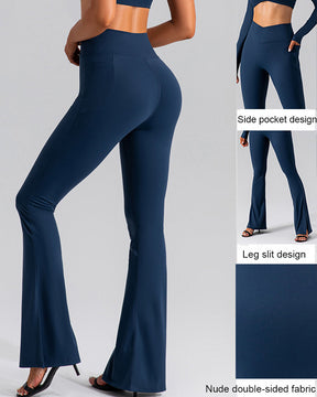 High Waist Slit Cross Waist Leggings Flared Yoga Pants With Side Pocket