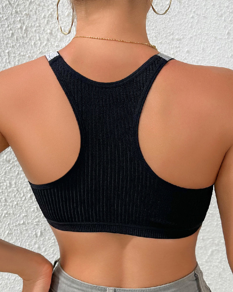 Shiny Strap Square Collar Yoga Bra Ribbed Racerback Crop Tank Tops