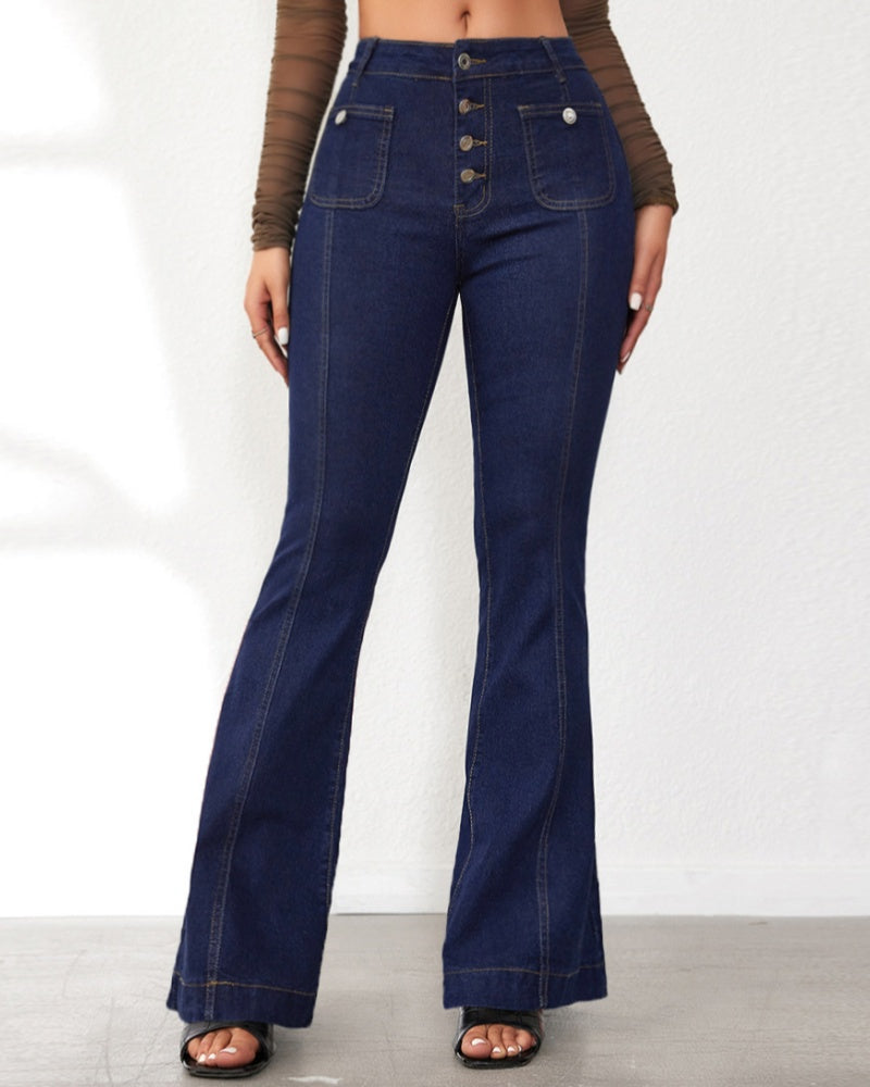 Women's High Waist Buttoned Slim Flared Jeans