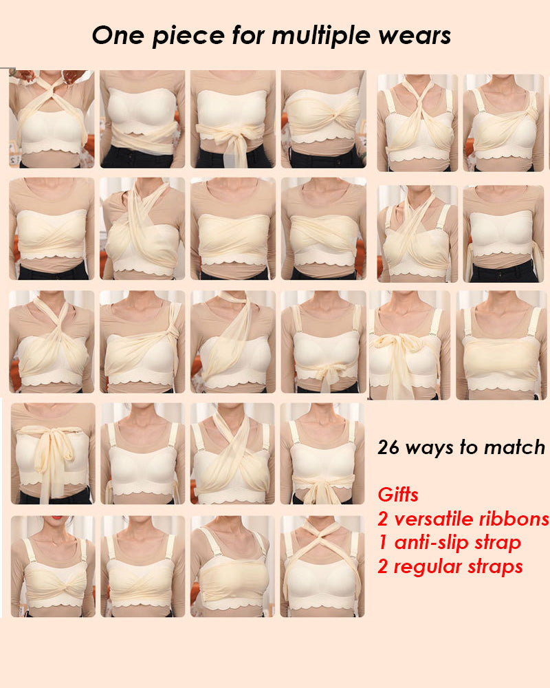 Seamless Wireless Anti-slip Strapless Wave Edge Tube Top Bra With Two Versatile Scarves