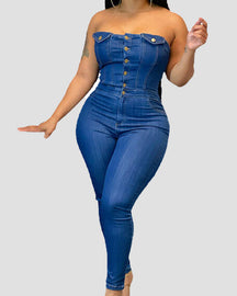 Fashion Single Breasted Strapless Slim Fit Denim Jumpsuit for Women