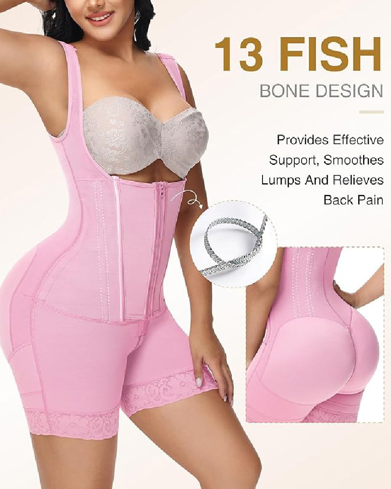 High compression Front Zipper Mid Thigh Shapewear with Bra