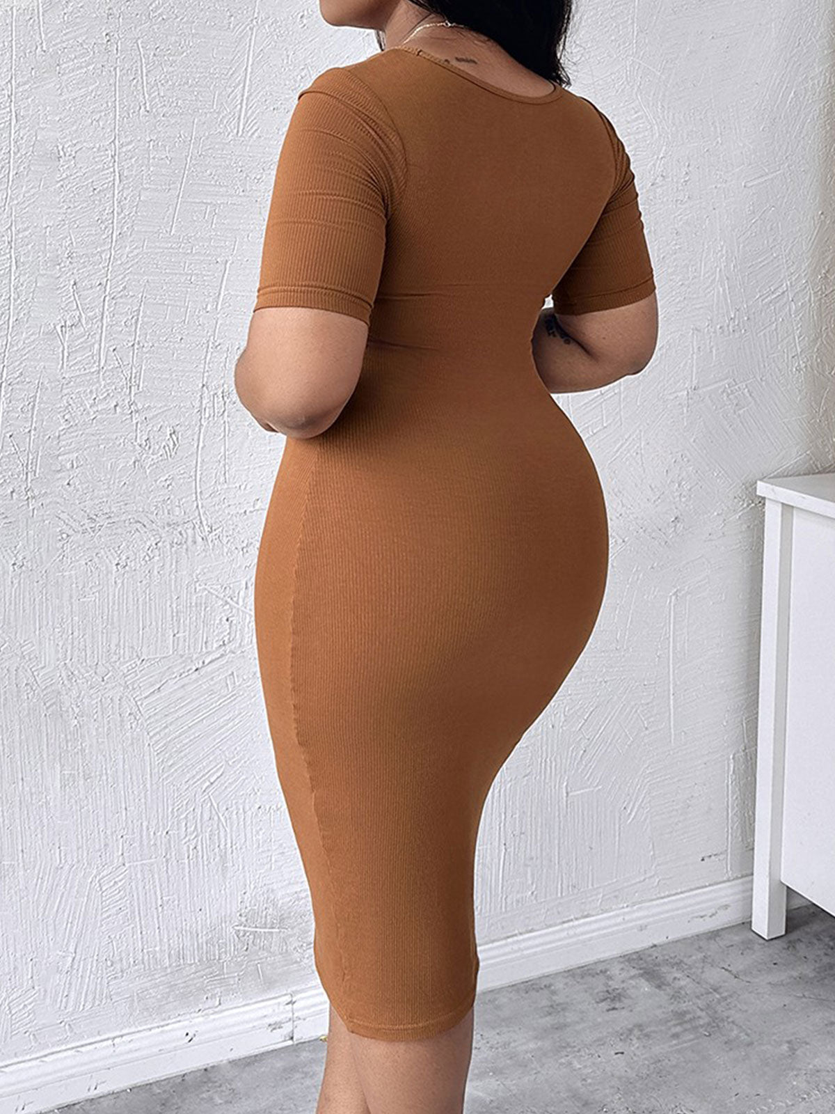 Built-in Shapewear Short Sleeve Square Neck Slim Fit Midi Body Dress