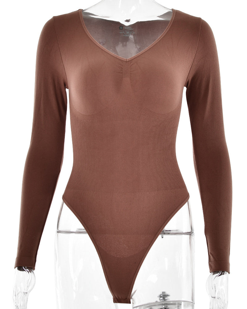 Seamless Long Sleeve Chest Support Diamond Collar Tummy Control Thong Bodysuit