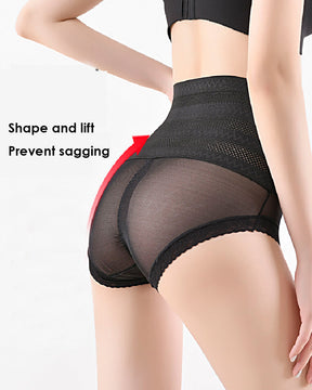 Women's Mesh Lace Hollow Shapewear Panties Mid Waist Flat Belly Comfort Briefs