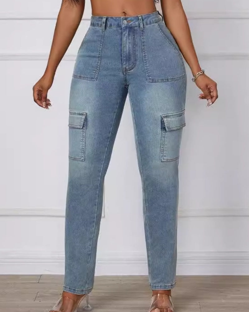 Multi-pocket High-stretch Straight-leg Skinny Jeans