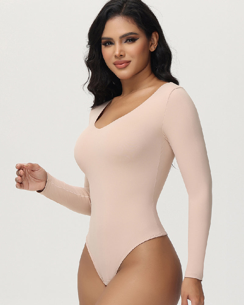 Women's Long Sleeve V Neck Seamless Bodysuits Tummy Control Thong Shapewear