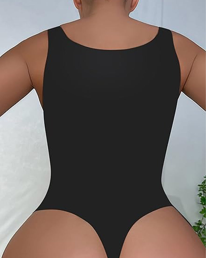 Seamless Solid Tank Top Stretch Square Neck Thong Shapewear Bodysuit