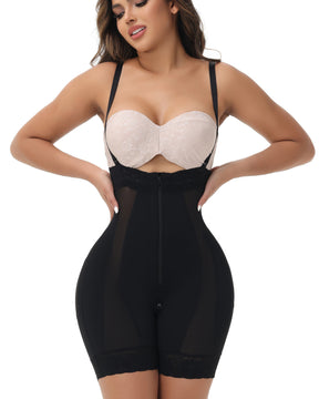 High Waist Zipper Tummy Control Shapewear Shorts With Detachable Straps