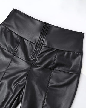 High Waist Zipper Closure Front Anti-Pinch Double-layer Tummy Control PU Leather Pants