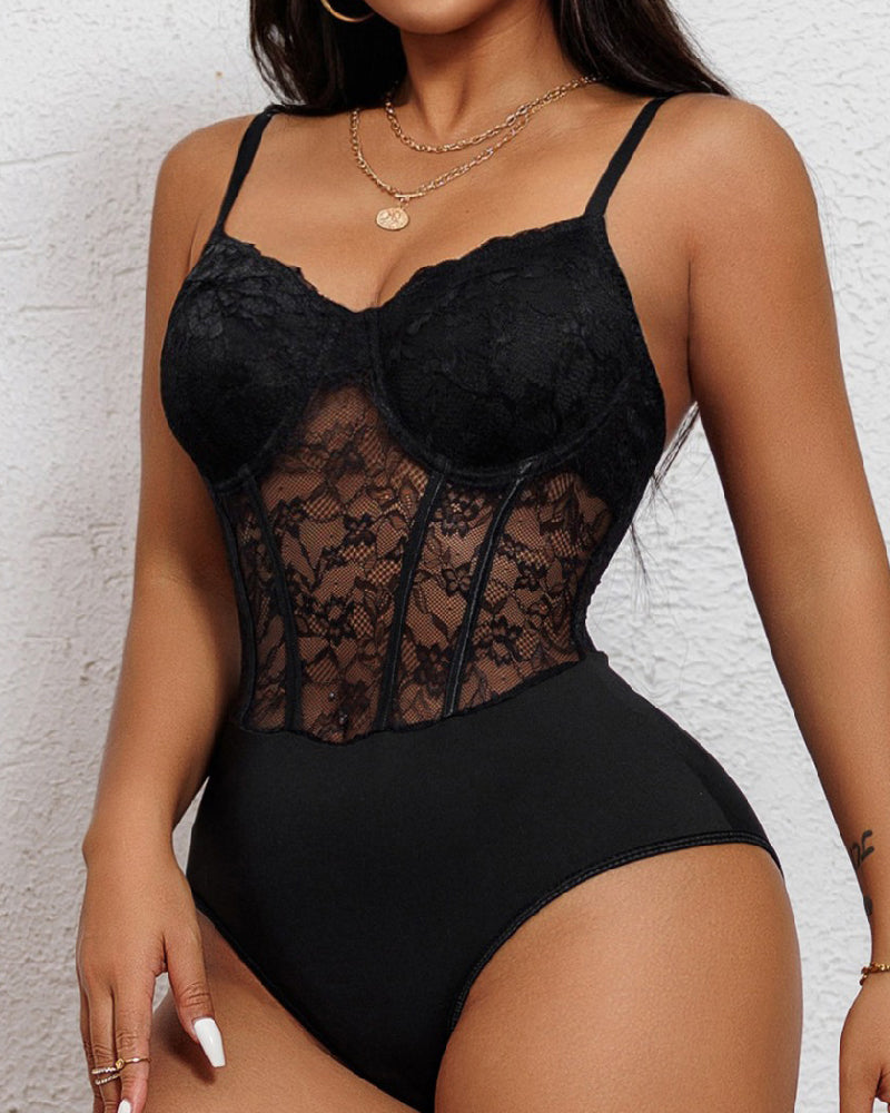 Sexy Fishbone Shaped Lace Bodysuit Hollow Sleeveless Low Back Shapewear