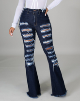 High-Waisted Broken Hole Flared Jeans for Women