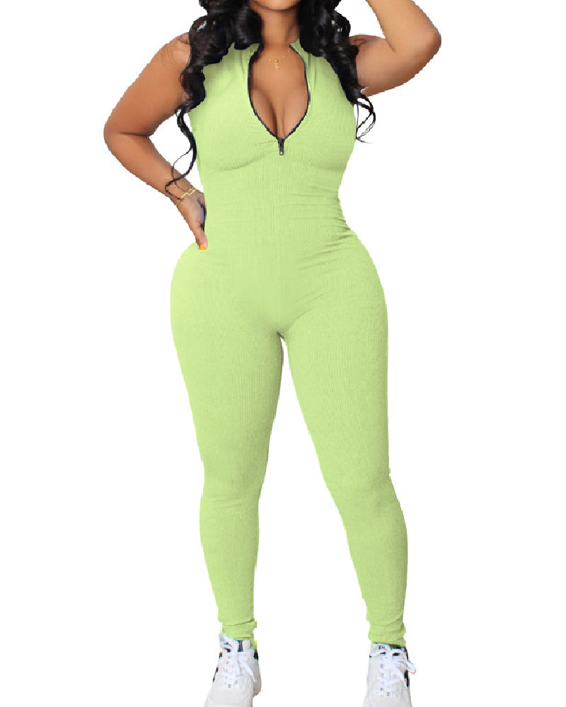 Ribbed Sleeveless High Stretch Bodycon One Piece Zipper Front Workout Jumpsuit