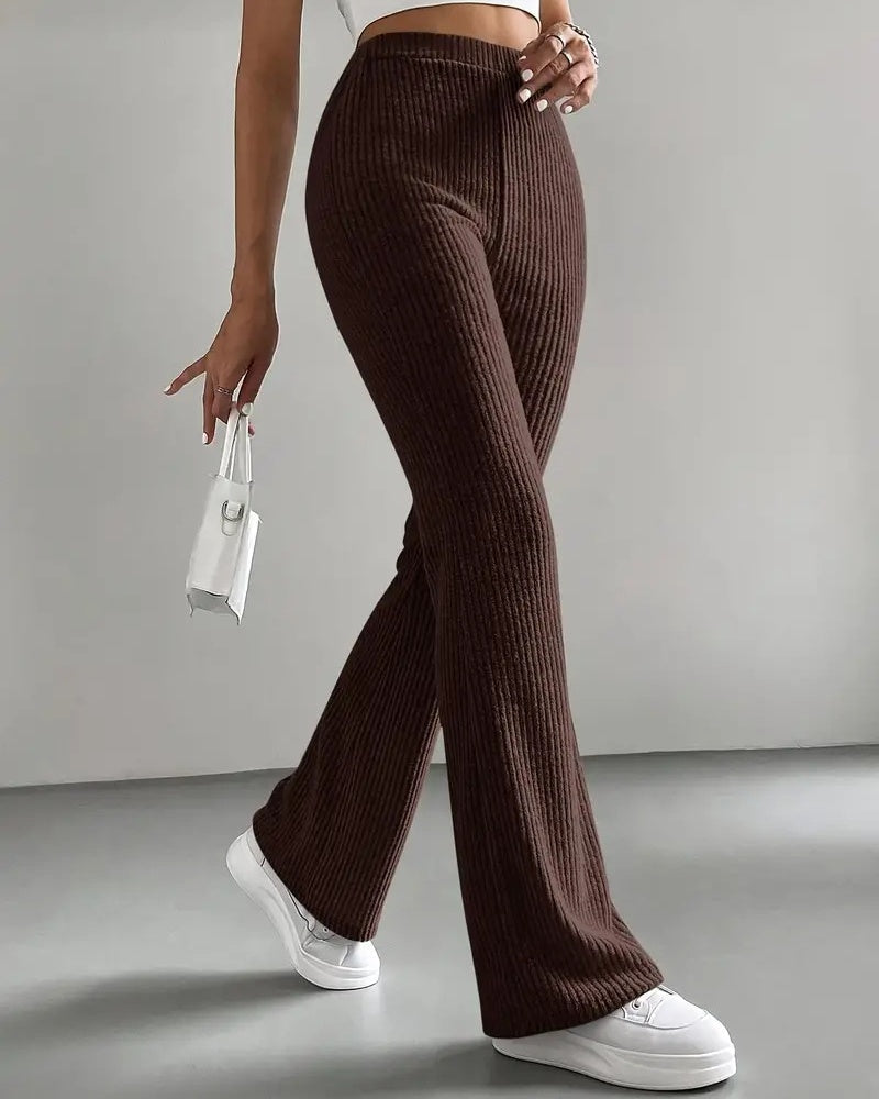 Solid Color Ribbed Knitted Flared Pants Versatile Casual Pants