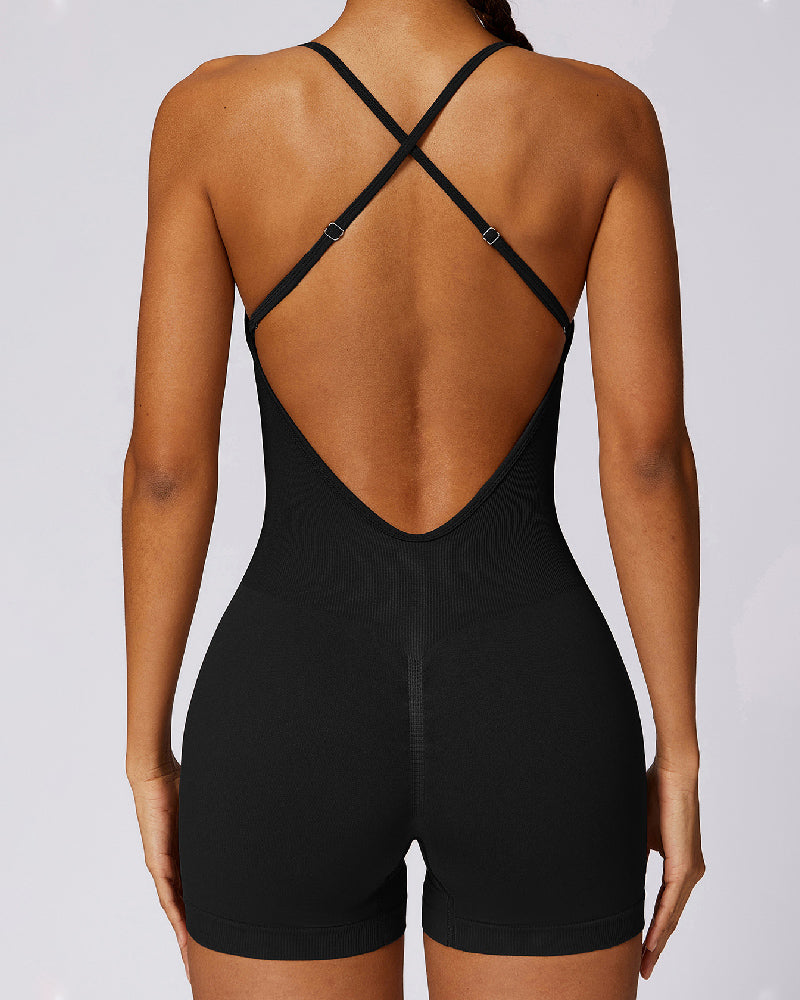 Seamless V-Back Cross Romper Tummy Control One Piece Shorts Sports Jumpsuit