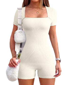 Women's High Elastic Ribbed Jumpsuits Short Sleeve Square Neck Workout Rompers