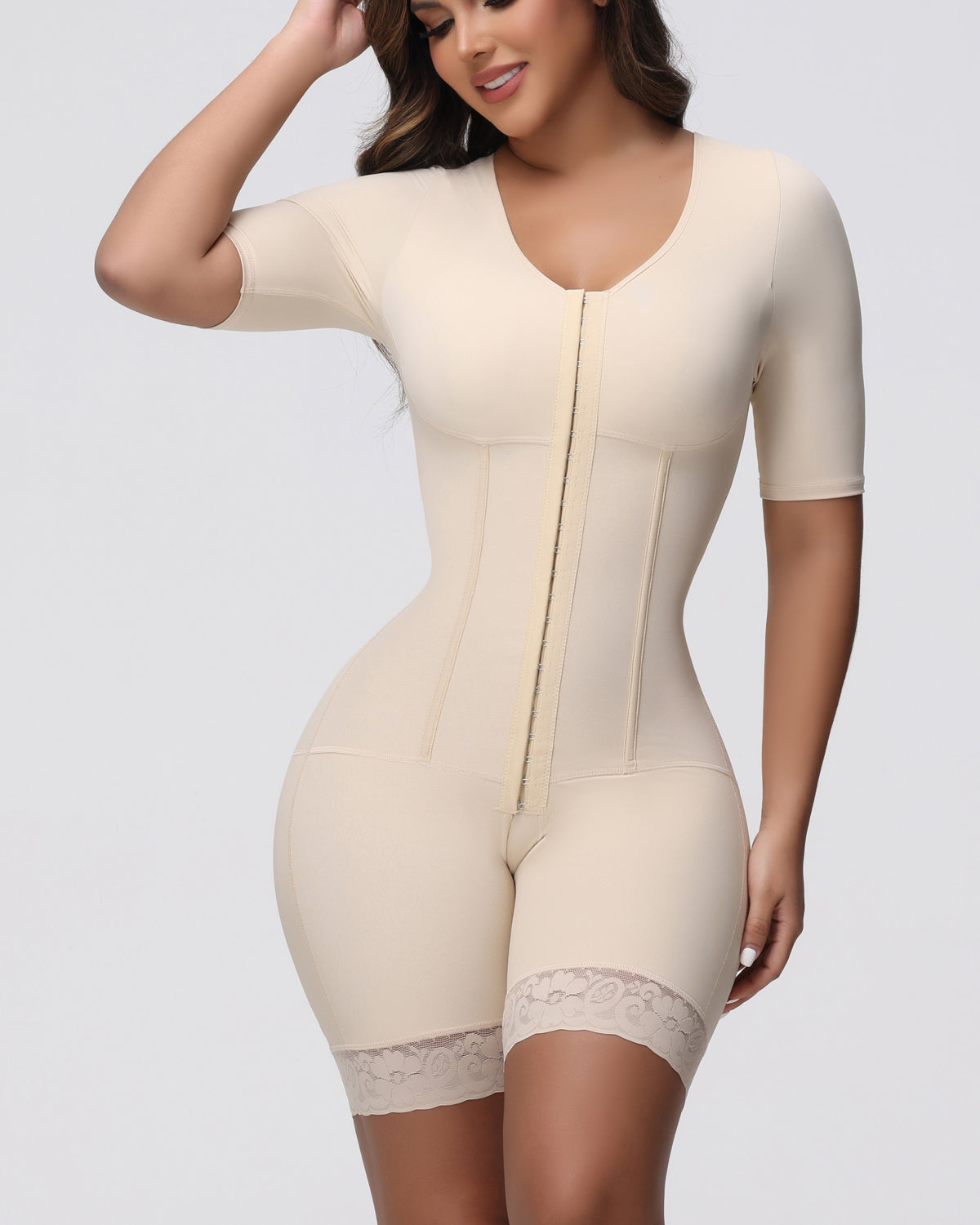 Fajas Short Sleeve Tummy Control Full Body Shaper Front Hooks Shapewear