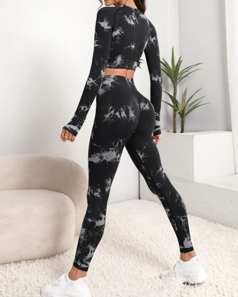 Seamless Tie-Dye Long Sleeve High Waist Tummy Control Bodycon Yoga Suit