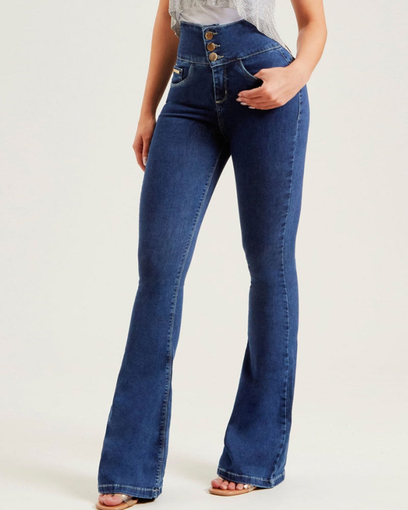 High-waisted Multi-button Slim-fit Stretch-sculpting Flared Jeans