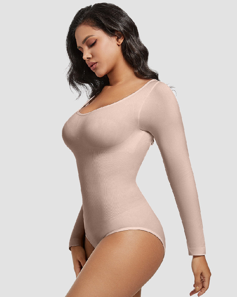 Seamless Crew Neck Long Sleeve Corset Bodysuit Tops Stretch Triangle Jumpsuit