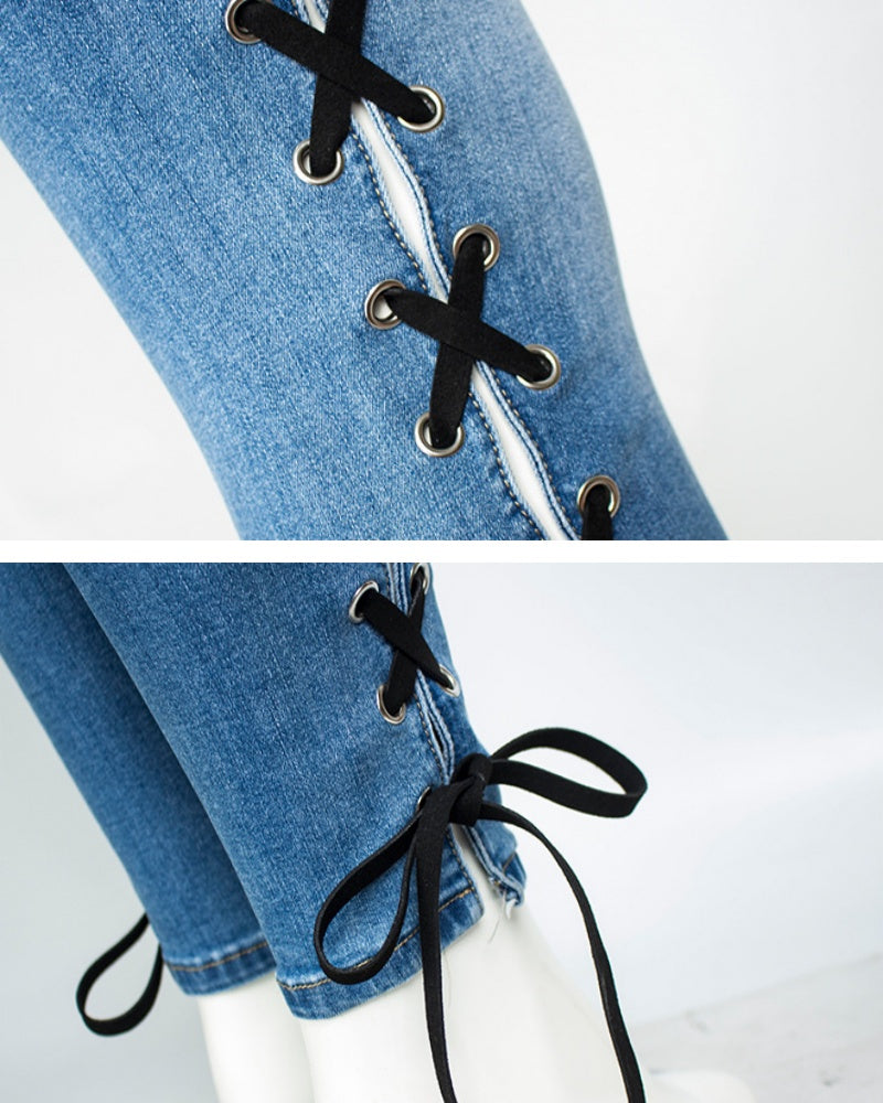 Sexy Side Cross Lace up Slim Jeans for Women