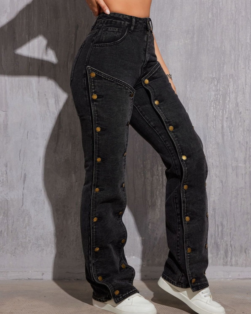 Hip Hop Detachable Multi-button Stitching Straight Cargo Jeans