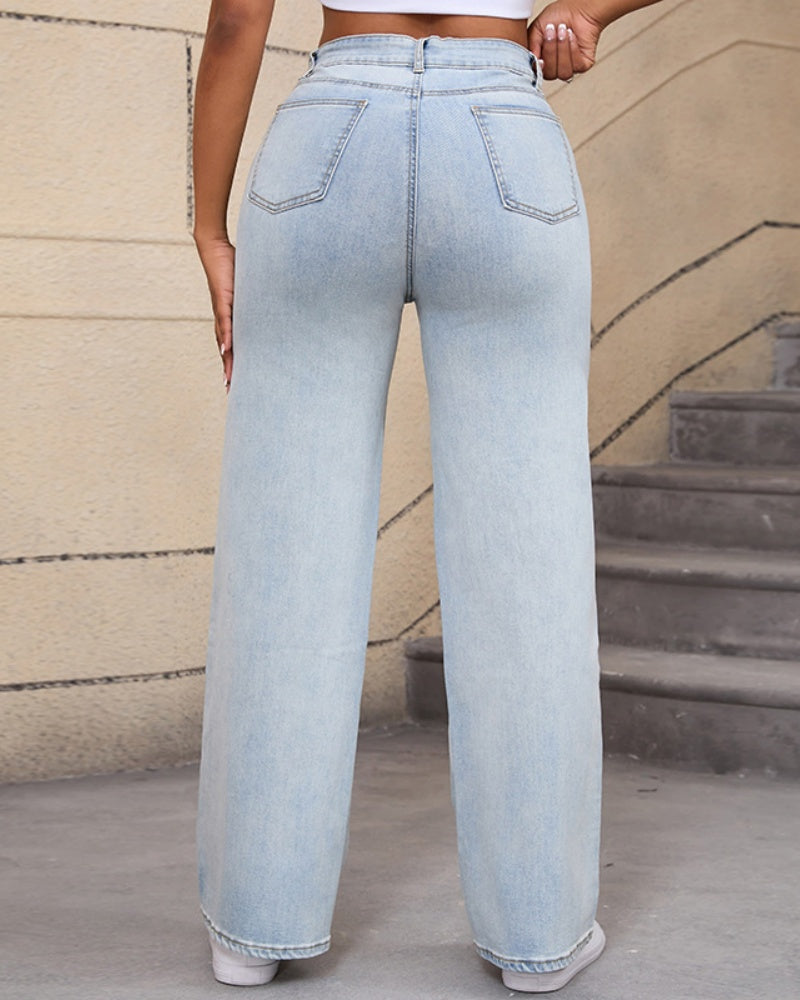 Elegant High Waist Ripped Wide-leg Jeans