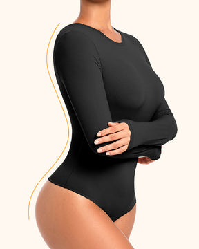 Women's Crew Neck Double Lined Long Sleeve Basic Stretchy Thong Bodysuit