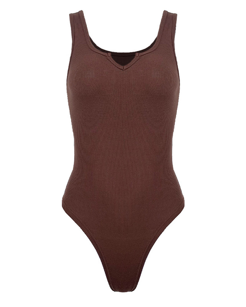 Solid Notched Neck Ribbed Sleeveless One Piece Bodysuit Shapewear