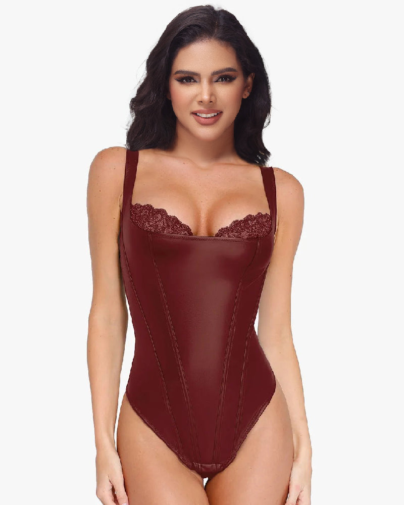 Shapewear Leather Lace Balconette Thong Sculpting Bodysuit